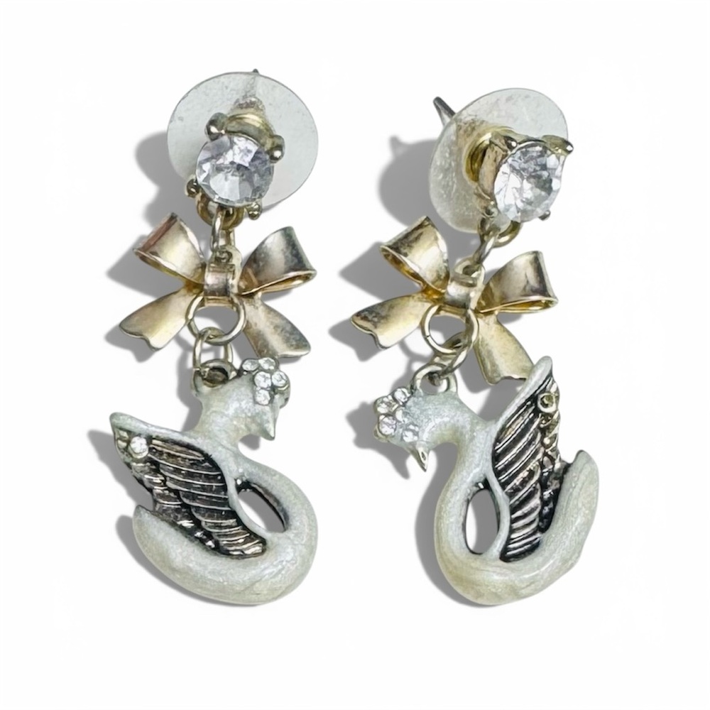 Betsey Johnson Swan Drop Earrings Rhinestone Bow Studs Rare Whimsical Dangle